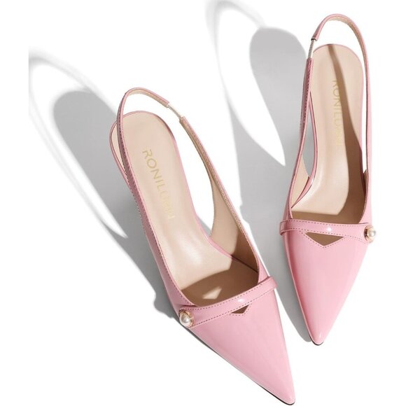 🆕Pink Faux Leather Slingback Kitten Heel Pumps, Pearl Pointed Toe for Wedding - Picture 3 of 7